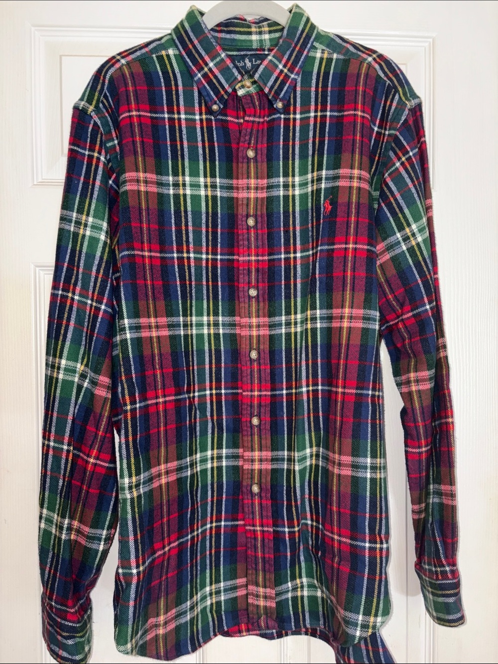 Ralph Lauren Red, Green & Navy Plaid Flannel Button-Down Shirt, Large